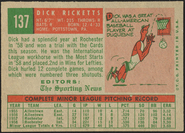1959 Topps Dick Ricketts #137 Rookie Stars St. Louis Cardinals RC Low Grade - Creases back of card
