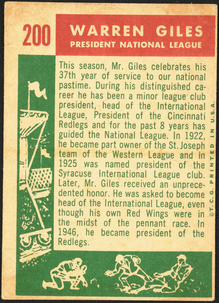 1959 Topps Warren Giles #200 League President White Back HOF VG-EX R100084 back of card