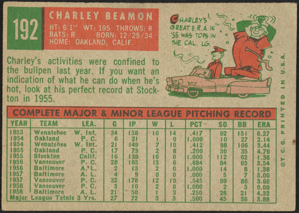 1959 Topps Charley Beamon #192 Baltimore Orioles RC VG — Example A back of card