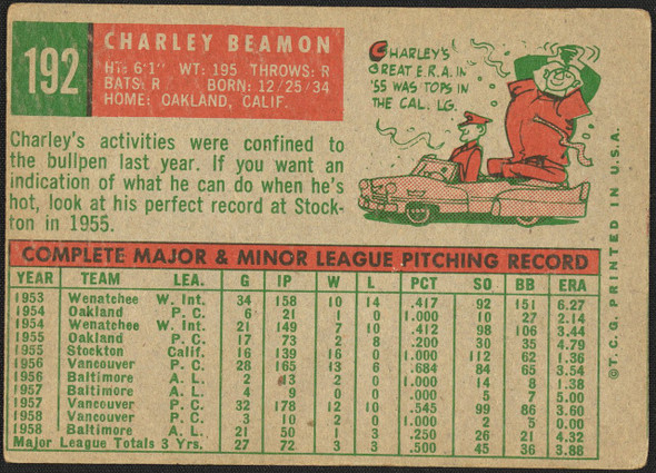 1959 Topps Charley Beamon #192 Baltimore Orioles RC VG R100095 back of card
