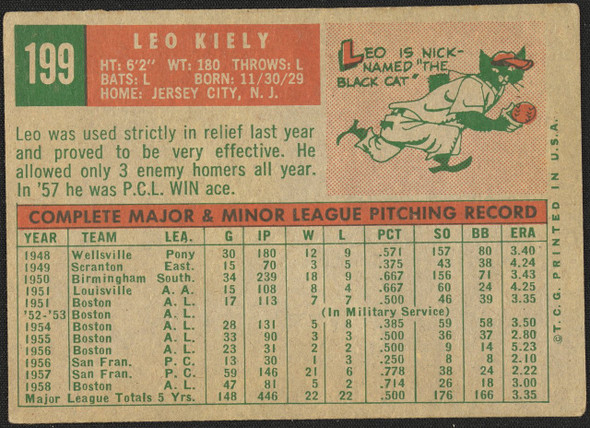 1959 Topps Leo Kiely #199 Gray Back Boston Red Sox VG-EX R100099 back of card
