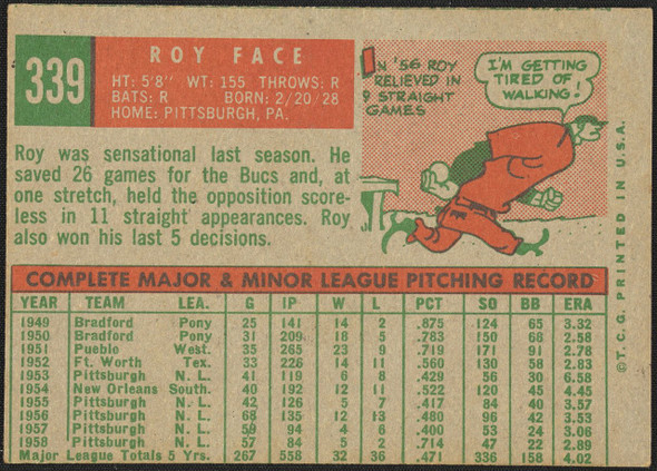 1959 Topps Roy Face #339 Pittsburgh Pirates EX R100109 back of card