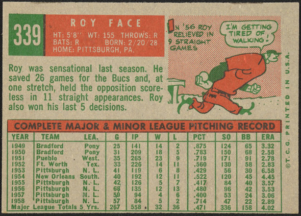 1959 Topps Roy Face #339 Pittsburgh Pirates VG-EX R100110 back of card