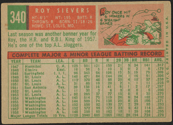 1959 Topps Roy Sievers #340 Washington Senators VG-EX R100111 back of card