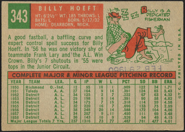 1959 Topps Billy Hoeft #343 Detroit Tigers Poor R100112 back of card