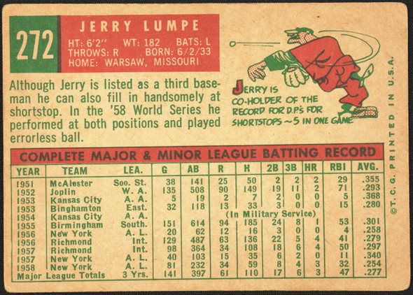 1959 Topps Jerry Lumpe #272 Gray Back New York Yankees VG R100117 back of card