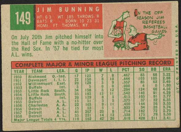 1959 Topps Jim Bunning #149 Detroit Tigers HOF EX R100124 back of card