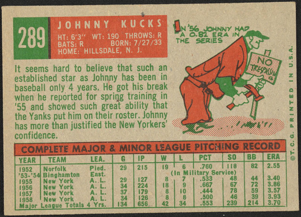 1959 Topps Johnny Kucks #289 New York Yankees VG-EX R100131 back of card