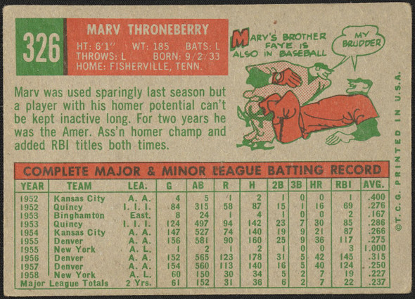 1959 Topps Marv Throneberry #326 New York Yankees Low Grade - Marks R100135 back of card