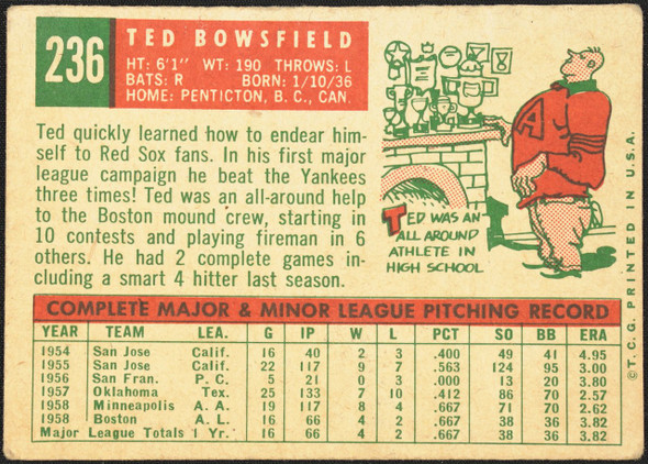 1959 Topps Ted Bowsfield #236 White Back Boston Red Sox RC Low Grade - Marks R100150 back of card