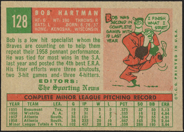1959 Topps Bob Hartman #128 Rookie Stars Milwaukee Braves RC Low Grade - Marks R100157 back of card