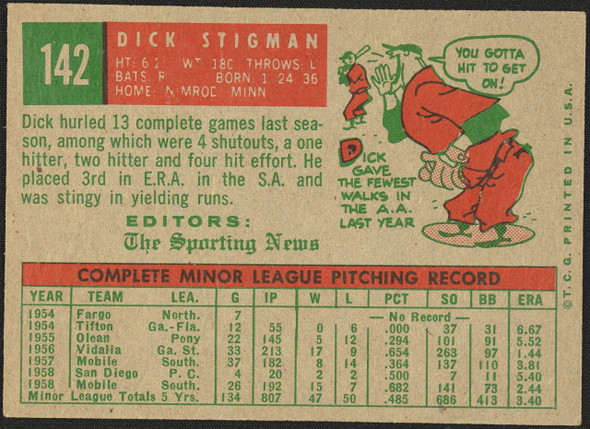 1959 Topps Dick Stigman #142 Rookie Stars Cleveland Indians RC VG R100160 back of card