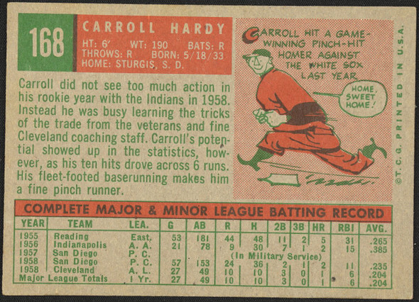 1959 Topps Carroll Hardy #168 Cleveland Indians EX R100165 back of card