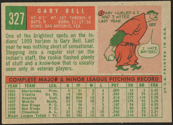 1959 Topps Gary Bell #327 Cleveland Indians RC EX R100167 back of card