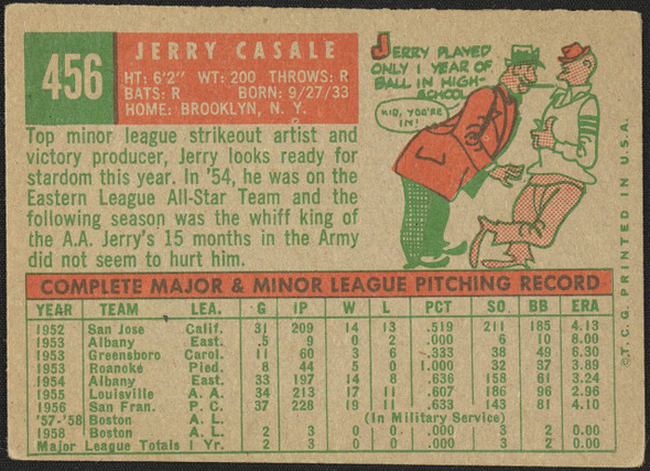 1959 Topps Jerry Casale #456 Boston Red Sox RC EX R100176 back of card