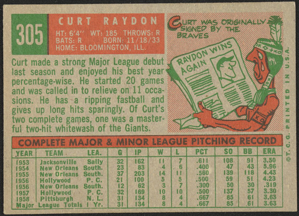 1959 Topps Curt Raydon #305 Pittsburgh Pirates RC EX R100181 back of card