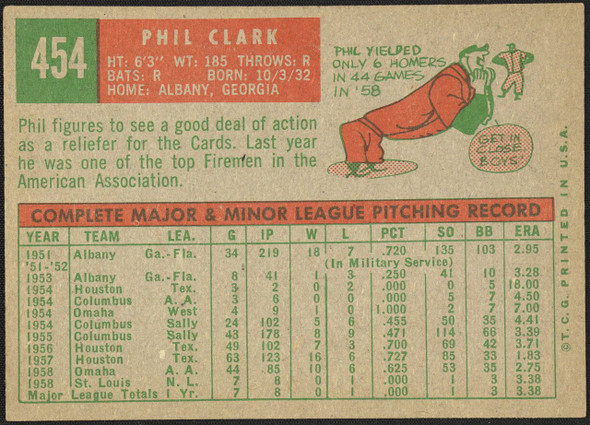 1959 Topps Phil Clark #454 St. Louis Cardinals VG-EX R100200 back of card
