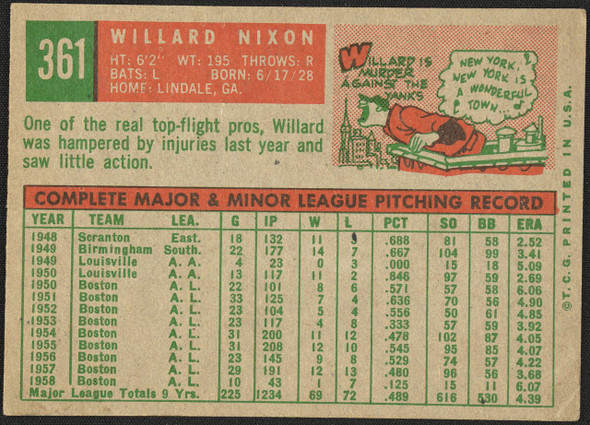 1959 Topps Willard Nixon #361 Boston Red Sox VG-EX R100212 back of card
