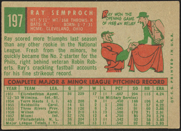 1959 Topps Ray Semproch #197 Philadelphia Phillies VG R100214 back of card