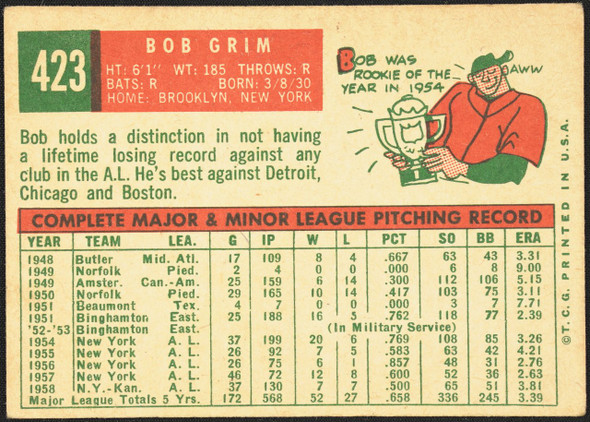 1959 Topps Bob Grim #423 Kansas City Athletics EX R100226 back of card