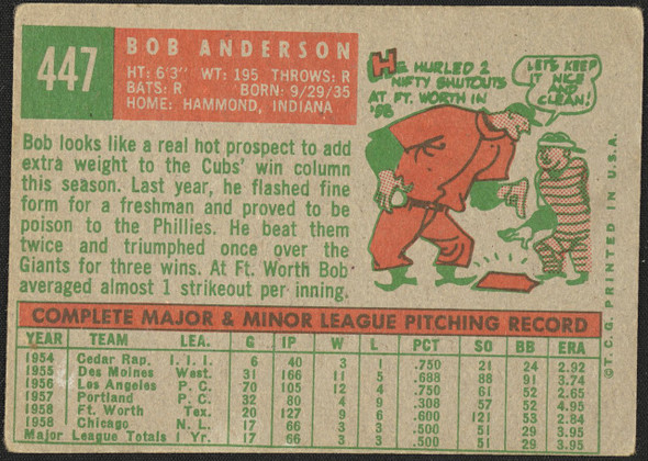 1959 Topps Bob Anderson #447 Chicago Cubs Low Grade - Marks R100236 back of card