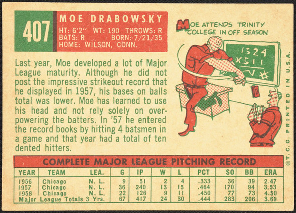1959 Topps Moe Drabowsky #407 Chicago Cubs VG-EX R100242 back of card