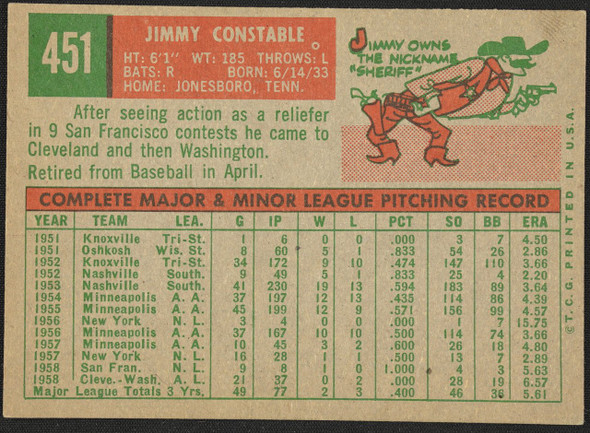 1959 Topps Jimmy Constable #451 Washington Senators RC EX R100248 back of card