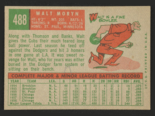 1959 Topps Walt Moryn #488 Chicago Cubs VG back of card