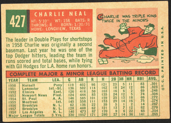 1959 Topps Charlie Neal #427 Los Angeles Dodgers Low Grade - Creases R100258 back of card