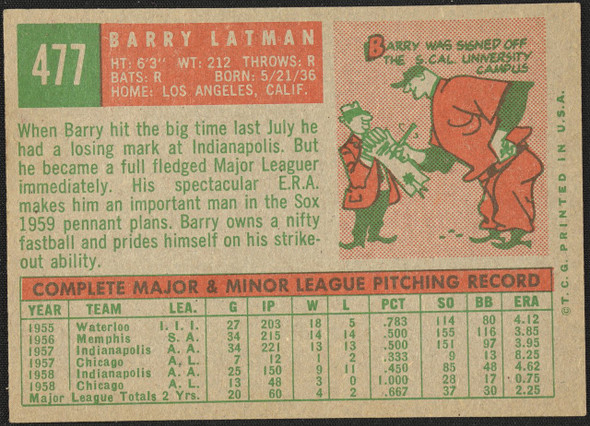 1959 Topps Barry Latman #477 Chicago White Sox RC EX+ R100259 back of card