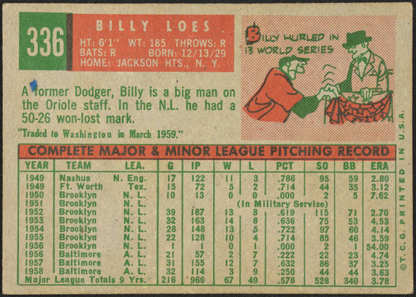1959 Topps Billy Loes #336 Traded line / corrected treatment Baltimore Orioles VG R100280 back of card