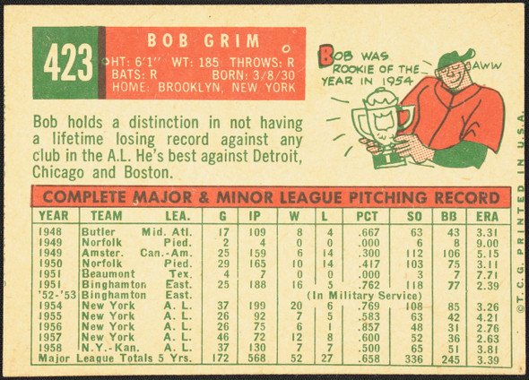 1959 Topps Bob Grim #423 Kansas City Athletics VG R100287 back of card