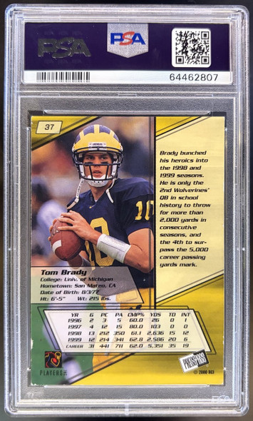 Back of 2000 Press Pass Tom Brady #37 RC PSA 3