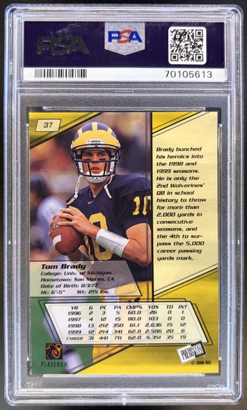 Back of 2000 Press Pass Tom Brady #37 Torquers Blue Foil RC PSA 7