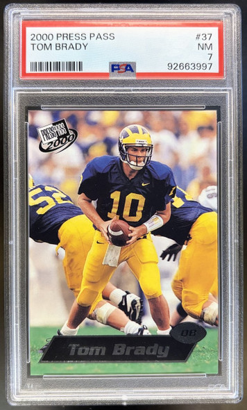 Front of 2000 Press Pass Tom Brady #37 RC PSA 7