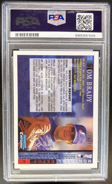 Back of 2023 Bowman Draft Tom Brady #95B-TB Yellow Lava /75 PSA 9