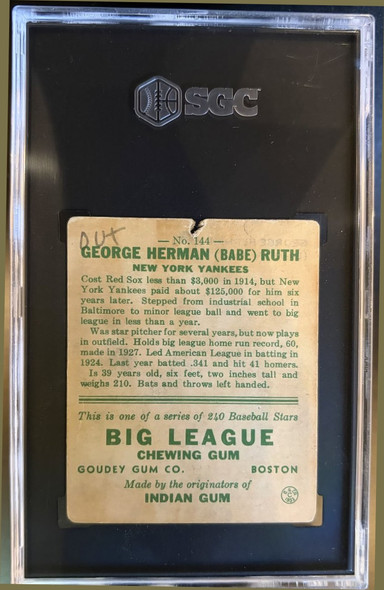 Back of 1933 Goudey Babe Ruth #144 HOF SGC Authentic