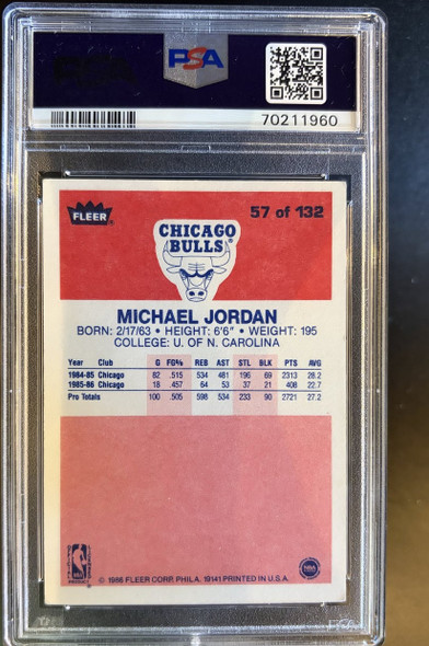 Back of 1986 Fleer Michael Jordan #57 HOF RC PSA 4