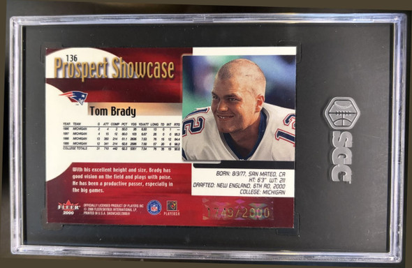 Back of 2000 Fleer Showcase Tom Brady #136 /2000 RC SGC 7.5