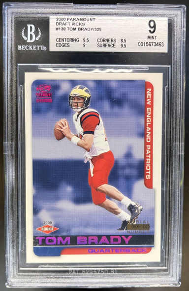 Front of 2000 Pacific Paramount Tom Brady #138 Draft Picks /325 RC BGS 9
