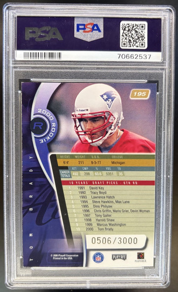 Back of 2000 Playoff Absolute Tom Brady #195 /3000 RC PSA 7