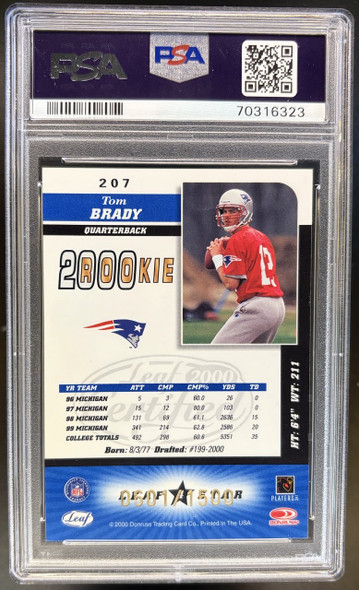 Back of 2000 Leaf Certified Tom Brady #207 4 Star /1500 RC PSA 7