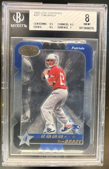 Front of 2000 Leaf Certified Tom Brady #207 Die-Cut SP RC BGS 8