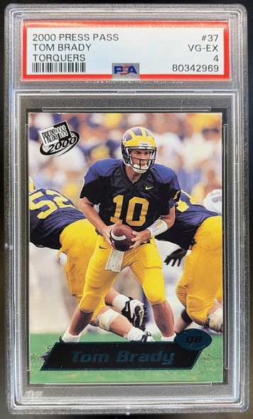 Front of 2000 Press Pass Tom Brady #37 Torquers Blue Foil RC PSA 4