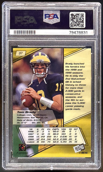Back of 2000 Press Pass Tom Brady #37 Gold Zone RC PSA 6