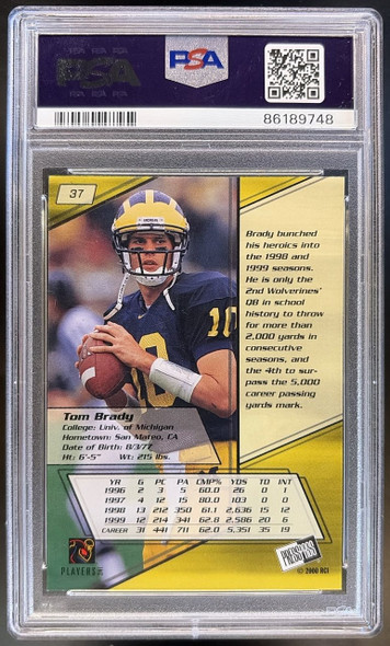 Back of 2000 Press Pass Tom Brady #37 Torquers Blue Foil RC PSA 6