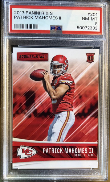 Front of 2017 Panini Rookies & Stars Patrick Mahomes II #201 RC PSA 8