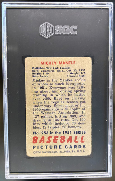 Back of 1951 Bowman Mickey Mantle #253 HOF SGC 1