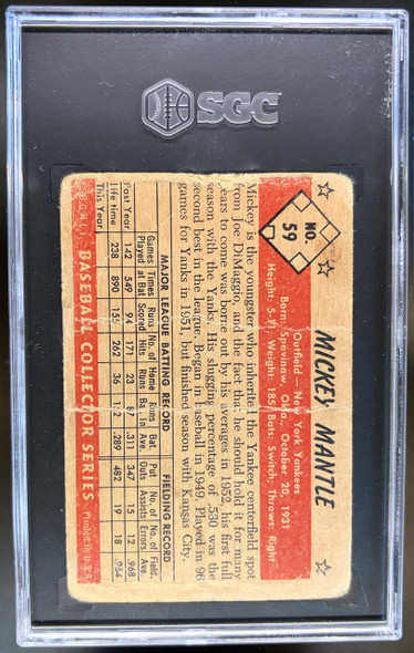 Back of 1953 Bowman Color Mickey Mantle #59 HOF SGC Authentic