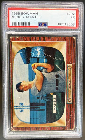 Front of 1955 Bowman Mickey Mantle #202 HOF PSA 1